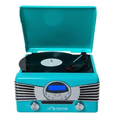 Victor VHRP-1400 Diner 7 em 1 toca-discos com toca-discos, leitor de CD/MP3, rádio AM/FM, Bluetooth, reprodução e gravação USB e alto-falantes estéreo integrados – Perfeito para amantes de música