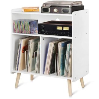 Possile Suporte para toca-discos de madeira de meados do século, suporte grande vintage para sala de estar, escritório, armário de armazenamento de discos de vinil de 3 andares, comporta até 100 (Equipamentos)