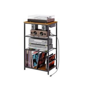 Huxitocan Suporte para toca-discos com armazenamento, suporte de toca-discos de 4 níveis com armazenamento de discos de vinil, gabinete estéreo com suporte de disco, suporte de mídia com tomadas para (Equipamentos)