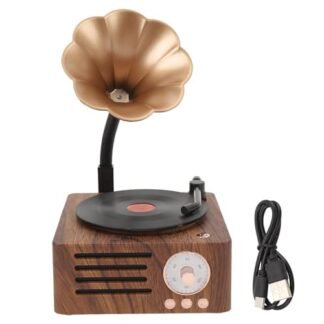 Alto-falante vintage de gramofone, alto-falante estéreo vintage giratório de grão de madeira portátil em forma de toca-discos para escritório em casa