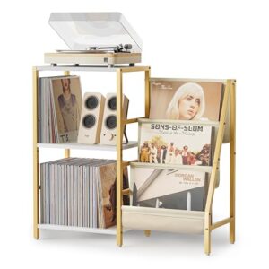 Suporte para toca-discos, suporte de toca-discos com armazenamento de discos de vinil de 3 níveis, mesa de toca-discos com 200 álbuns, mesa de canto com prateleira de suporte de exibição de vinil (Equipamentos)