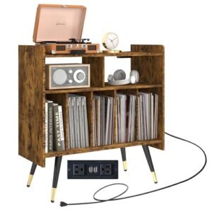 scolyk Suporte grande para toca-discos, armário de armazenamento de discos de vinil com tomada, mesa de toca-discos comporta até 350 álbuns, suporte de mesa giratória de meados do século para sala de (Equipamentos)