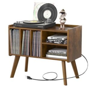 Forevich Mesa de suporte para toca-discos com suporte de armazenamento de vinil, suporte grande para toca-discos com tomada elétrica, comporta até 220 álbuns, prateleira, armário com pernas de madeira (Equipamentos)