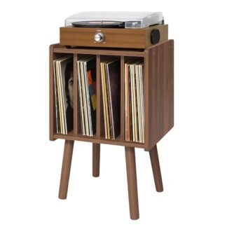 Suporte para toca-discos, mesa de armazenamento de discos de vinil com 4 armários, comporta até 100 vinis, suporte moderno para toca-discos de meados do século, mesa organizadora de vinil para quarto (Equipamentos)
