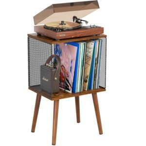Yuzehuaza Suporte para toca-discos com armazenamento de até 100 álbuns, pequeno porta-discos de vinil com divisor ajustável, mesa retrô com pernas de madeira, prateleira de livro/LP para sala de estar (Equipamentos)