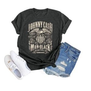 Camiseta feminina de música country banda de rock, estampa retrô de música rock, gola redonda, manga curta, Cinza, M (Camisetas)