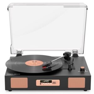 TANLANIN Toca-discos Vintage de 3 Velocidades com Alto-falantes Estéreo Embutidos, Reprodução Bluetooth, Gravação USB/SD, Saída RCA e Display Preto