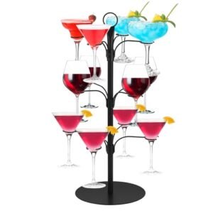 Kytree Suporte de árvore de coquetel de 3 níveis, rack de vinho de metal para torre de champanhe com 12 suportes para coquetéis de champanhe e copos de martini Margarita