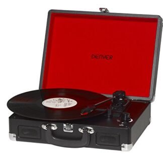 Tira-discos Denver VPL-120 BLACK, reprodução em 3 velocidades, design mala, 2 altifalantes estéreo, função de gravação, inclui auto-toque.
