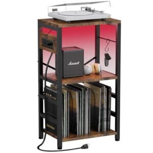 YAKANJ Mesa de canto com luz LED, suporte para toca-discos com estação de carregamento, armazenamento de discos de vinil, suporte para toca-discos, armazenamento de álbuns para sala de música, estúdio (Equipamentos)