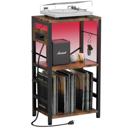 YAKANJ Mesa de canto com luz LED, suporte para toca-discos com estação de carregamento, armazenamento de discos de vinil, suporte para toca-discos, armazenamento de álbuns para sala de música, estúdio (Equipamentos)