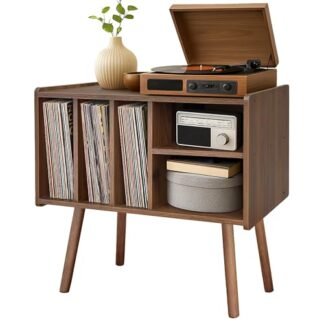 Suporte para toca-discos com armazenamento de vinil, mesa de madeira com 5 armários, suporte grande para toca-discos de vinil, suporte para toca-discos, prateleira para escritório, sala de estar (Equipamentos)