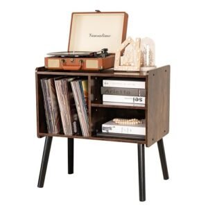 BEROXII Suporte para toca-discos, mesa de toca-discos de meados do século com capacidade para até 150 álbuns, armário de discos de vinil com prateleiras ajustáveis, suporte de toca-discos de madeira (Equipamentos)