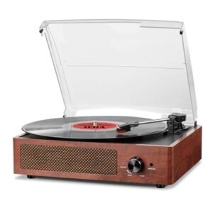 Toca-discos de vinil Bluetooth com alto-falantes, toca-discos vintage acionado por correia de 3 velocidades para auxiliar de entretenimento em saída RCA