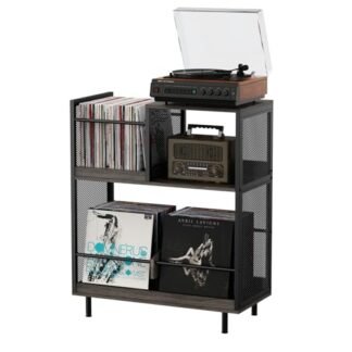 KirKical; Suporte para toca-discos de 3 camadas, suporte para toca-discos com prateleira de exibição de até 250 álbuns, mesa de armário de armazenamento de discos de vinil cinza rústico para sala de (Equipamentos)