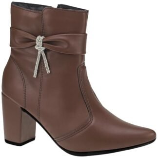 Bota Feminina Bico Fino com Zíper Lateral Cano Curto Salto com Acessório Lacinho 204 (Café, BR, Adulto, Numérico, 36)