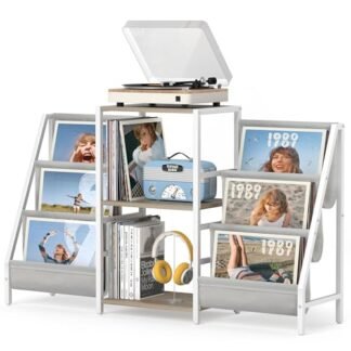 Suporte para toca-discos com armazenamento de vinil, mesa de toca-discos com 200 álbuns, suporte para toca-discos com prateleira de exibição de vinil, armário de gravação estéreo (armazenamento de (Equipamentos)