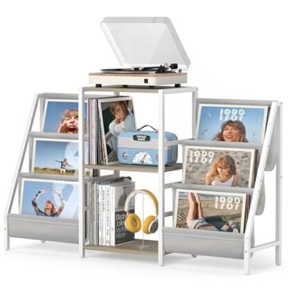 Suporte para toca-discos com armazenamento de vinil, mesa de toca-discos com 200 álbuns, suporte para toca-discos com prateleira de exibição de vinil, armário de gravação estéreo (armazenamento de (Equipamentos)