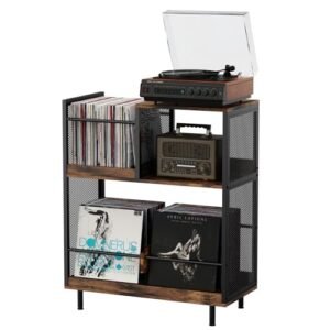 KirKical; Suporte para toca-discos de 3 camadas com armazenamento de vinil comporta até 250 álbuns, armário de mesa de exibição de discos com divisor ajustável para suporte de toca-discos, madeira (Equipamentos)