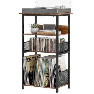 Huxitocan Suporte para toca-discos com armazenamento de até 100 álbuns e 40 CDs, armazenamento de discos de vinil de 4 níveis para sala de estar, suporte para toca-discos com suporte de disco e (Equipamentos)