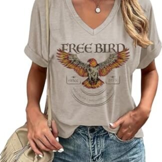 Camisetas femininas de banda de rock vintage rock and roll country camiseta divertida para concertos com decote em V para férias, Marrom-1, M (Camisetas)
