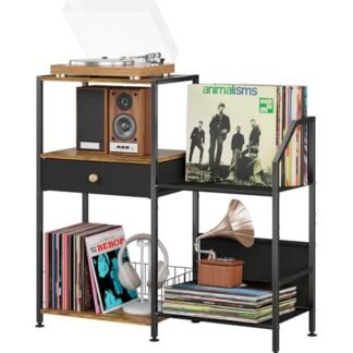 D.S.Exthefic Suporte para toca-discos de 3 níveis, prateleira de vinil com armazenamento de até 200 álbuns, suporte vintage para toca-discos grande para sala de estar estéreo de mídia, preto e marrom (Equipamentos)