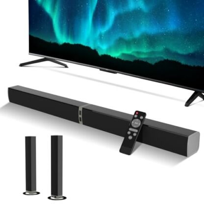 MZEIBO Barra de som para Smart TV, barra de som Bluetooth de 80 W, design destacável 2 em 1, graves profundos, som surround de home theater, conexões ARC/ótica/AUX para TV/PC/jogos/projetores (Equipamentos)