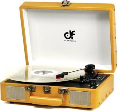 Leitor de discos vintage com Bluetooth 3 velocidades portátil, mala, toca-discos de vinil com alto-falantes, gravação de cartão USB/SD, RCA, entrada auxiliar, fone de ouvido, toca-discos retrô