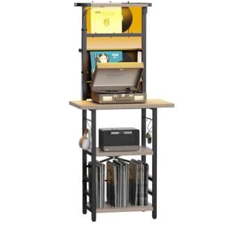 YAKANJ Suporte para toca-discos com luz LED, mesa de toca-discos com armazenamento de vinil, suporte para toca-discos com suporte de vinil para sala de música, estúdio, Greige (Equipamentos)
