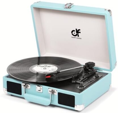 Reprodutor de discos com 2 alto-falantes integrados, vintage, 3 velocidades, portátil, Bluetooth, mala, toca-discos de vinil com gravação USB, conversor MP3, RCA/AUX/fones de ouvido, toca-discos extra