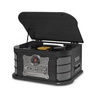 Vitrola Raveo Spazio Ebony com Toca-discos de 3 velocidades, Rádio FM, CD e Cassete players, USB e SD (reproduzem e gravam), entrada e saída auxiliares e tecnologia de conexão Bluetooth.
