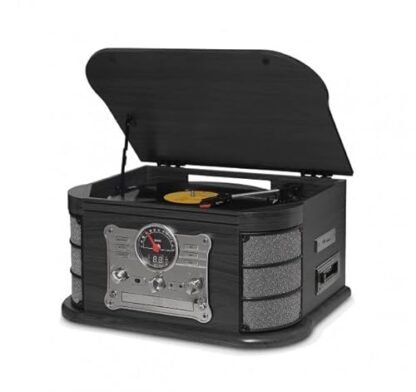 Vitrola Raveo Spazio Ebony com Toca-discos de 3 velocidades, Rádio FM, CD e Cassete players, USB e SD (reproduzem e gravam), entrada e saída auxiliares e tecnologia de conexão Bluetooth.