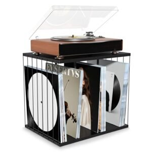 Suporte para toca-discos de 3 compartimentos com armazenamento de discos de vinil para mais de 100 LPs – Prateleira de discos multifuncional e porta-revistas, porta-discos para móveis que economizam (Equipamentos)