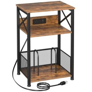 AMHANCIBLE Suporte para toca-discos com estação de carregamento, suporte para toca-discos com armário de armazenamento, mesa de canto de 3 níveis comporta até 100 álbuns, mesa de gravação para vinil (Equipamentos)