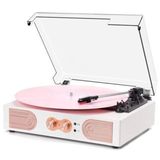 Leitor de discos de vinil com alto-falantes embutidos, toca-discos vintage de 3 velocidades, suporte para controle de agudos e graves, conector de fone de ouvido de 3,5 mm, saída RCA/entrada auxiliar,