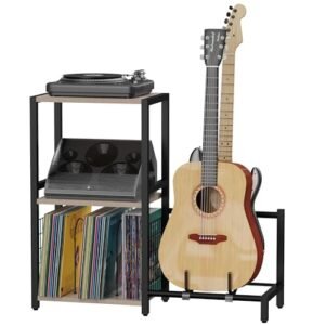 YAKANJ Mesa de canto com suporte de guitarra, suporte para toca-discos, armazenamento de discos de vinil, suporte de guitarra de 2 níveis para acústico, suporte de toca-discos para estúdio de música (Equipamentos)