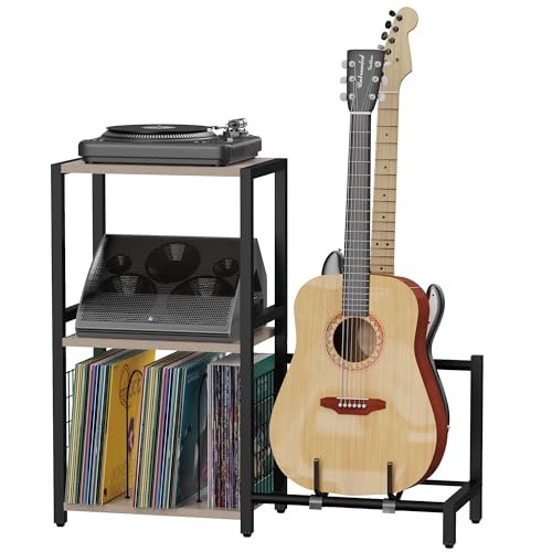 YAKANJ Mesa de canto com suporte de guitarra, suporte para toca-discos, armazenamento de discos de vinil, suporte de guitarra de 2 níveis para acústico, suporte de toca-discos para estúdio de música (Equipamentos)