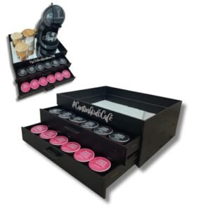 BOXFAN Bandeja espelhada duas gavetas, porta cápsulas para cantinho do café compatível com dolce gusto, porta 48 cápsulas em mdf, organizador preta decorativa