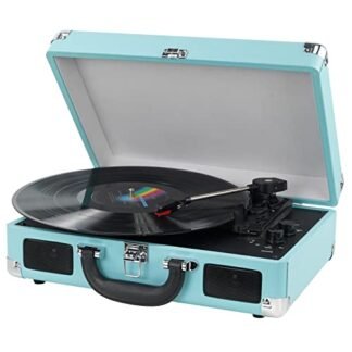 DIGITNOW Toca-discos vintage, 3 velocidades de disco de vinil - mala/estilo pasta com alto-falantes estéreo integrados, suporta saída USB/RCA / entrada de fone de ouvido / MP3 / reprodução de música de telefones celulares (azul)