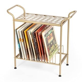 Ilyapa Suporte para toca-discos com armazenamento de discos de vinil, mesa de metal dourado com prateleiras para discos, armazenamento de discos de 2 níveis, suporte de disco de vinil, mesa de (Equipamentos)