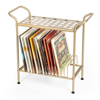 Ilyapa Suporte para toca-discos com armazenamento de discos de vinil, mesa de metal dourado com prateleiras para discos, armazenamento de discos de 2 níveis, suporte de disco de vinil, mesa de (Equipamentos)