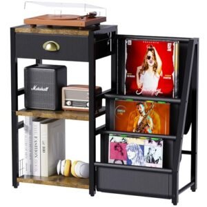 YAKANJ Mesa de canto com armazenamento de discos de vinil, suporte para toca-discos, suporte de toca-discos de 3 níveis com suporte para discos, mesa de suporte para alto-falante estéreo de mídia, (Equipamentos)