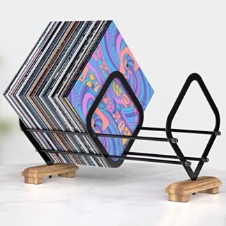 CANYAVE Suporte de armazenamento de discos de vinil, organizador de discos de vinil, capacidade de até 80 LPs, estrutura metálica com base de madeira, suporte de armazenamento LP para álbuns, livros LPs (preto) (Equipamentos)