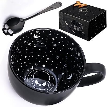 1 peça caneca de Halloween, caveira da meia-noite canecas de café grandes com colheres, Gothis Home Decor Unique Cool Novelty Tea Coffee, Spooky Halloween Christmas Birthday Witchy Gifts for Women Men, 620ml