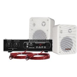 HAYONIK, Kit de Som Ambiente, 200W, Com 2 Caixas Brancas, 1 Amplificador e Cabos para Ligação, USB, Cartão SD, Entrada Auxiliar, Entrada P/Mic, Bluetooth, Rádio FM - AMBIENCE 2000 V2