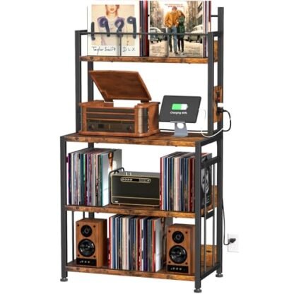 EasyCom Suporte para toca-discos com armazenamento de vinil, suporte para toca-discos com capacidade para até 300 álbuns, grande mesa de toca-discos com estação de carregamento, suporte de disco de (Equipamentos)