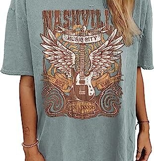 Camiseta feminina Nashville Music City, camisetas superdimensionadas com banda de rock, vintage, asas de guitarra, Verde, GG (Camisetas)