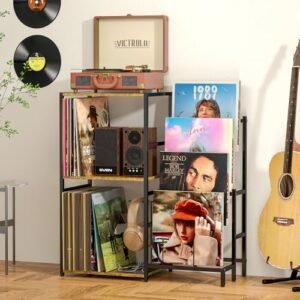 Suporte para toca-discos, suporte para toca-discos de até 200 álbuns, armário de discos de vinil com tela de vinil de 4 camadas, mesa de toca-discos para sala de estar (Equipamentos)