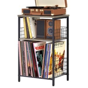 X-cosrack Suporte para toca-discos com armazenamento de até 100 álbuns, armazenamento de discos de vinil de 3 níveis para sala de estar, suporte para toca-discos com suporte para discos e prateleira (Equipamentos)