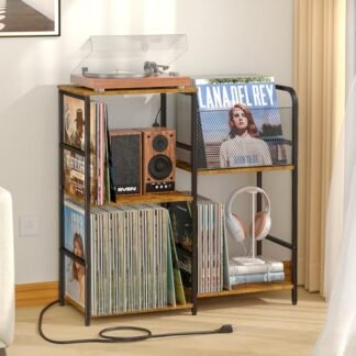ThreeHio Suporte para toca-discos com tomadas, suporte para toca-discos com armazenamento de vinil, comporta até mais de 300 álbuns, armário de armazenamento para discos de vinil, mesa de toca-discos (Equipamentos)